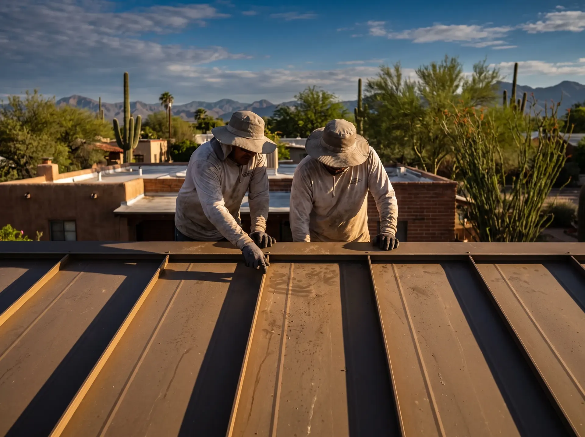 Two roofers checking a panel run together on a Tucson rooftop early in the morning