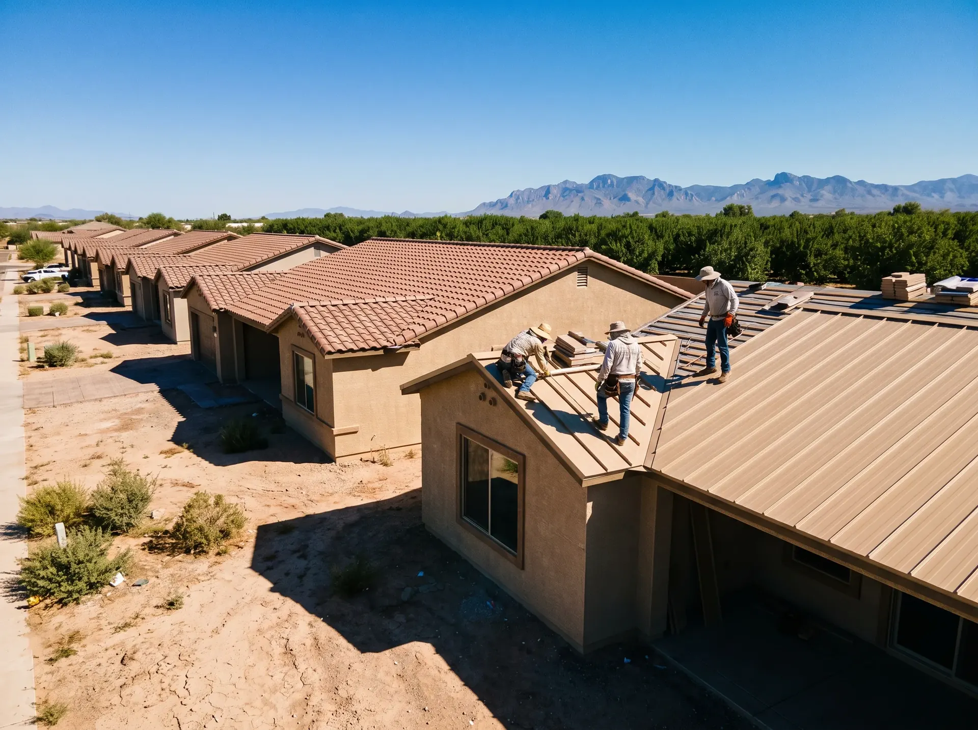 Newer stucco homes in Sahuarita with pecan groves and open desert beyond