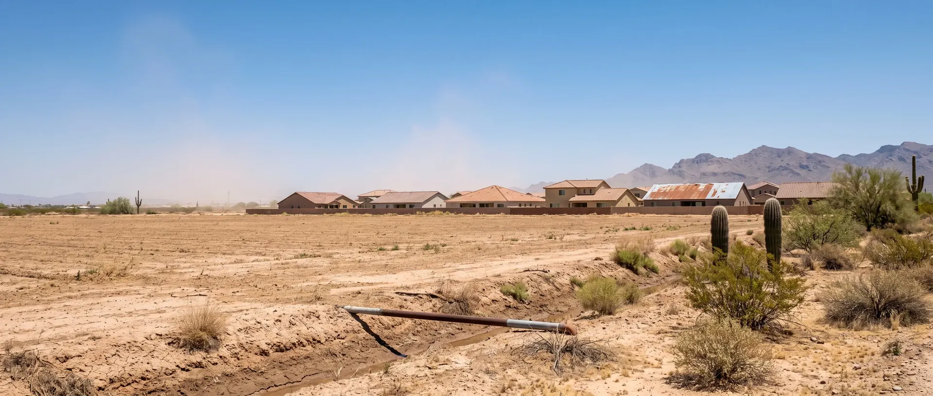 Open flat desert and farmland around Marana with subdivision rooftops and no tree break