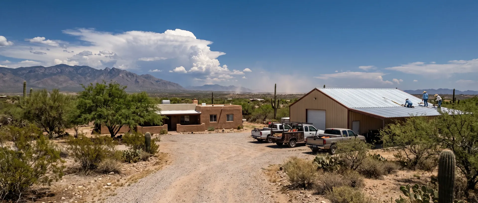 Large lot homes and outbuildings on open desert acreage near Vail with the Rincon Mountains behind