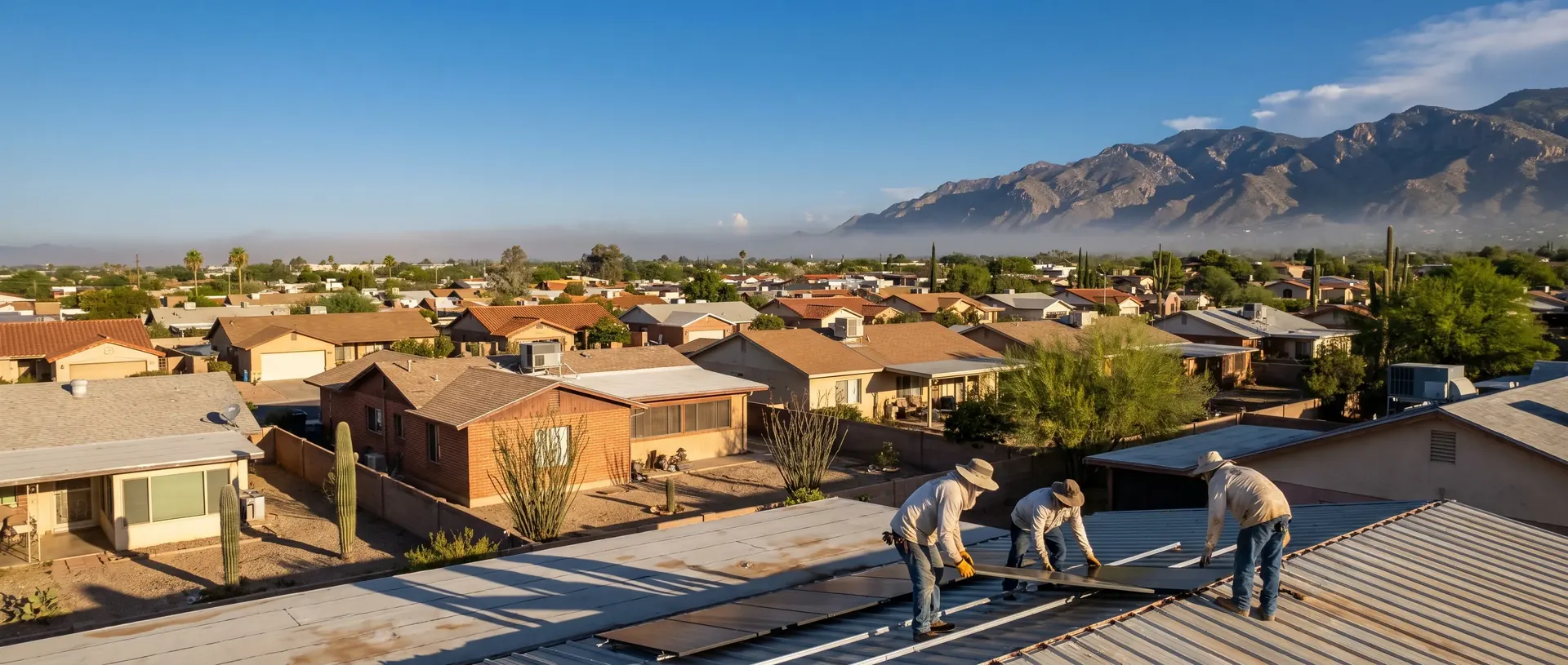 Wide view across Tucson rooftops toward the Santa Catalina Mountains