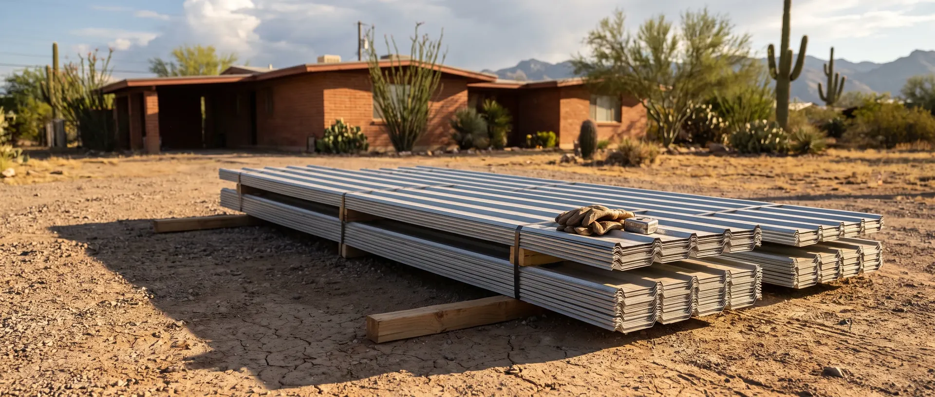 Metal roofing panels stacked and ready on a Tucson job site