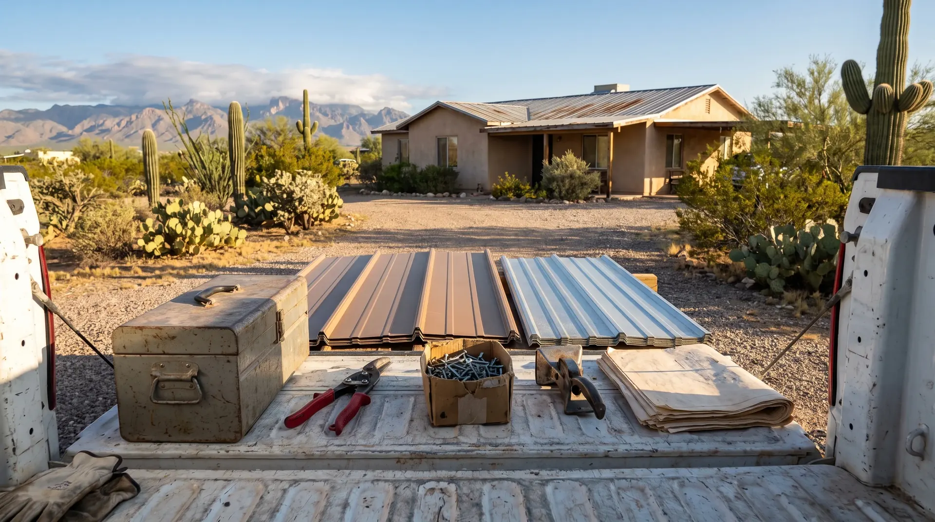 Metal roofing panels and installation tools laid out on a Tucson driveway