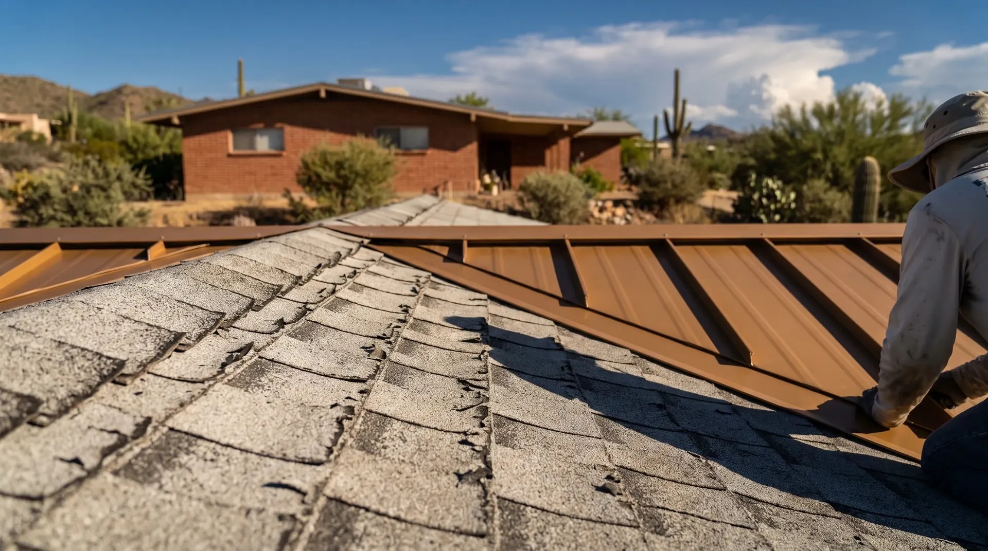 A roof showing sun worn asphalt shingles on one slope and new metal panels on the other