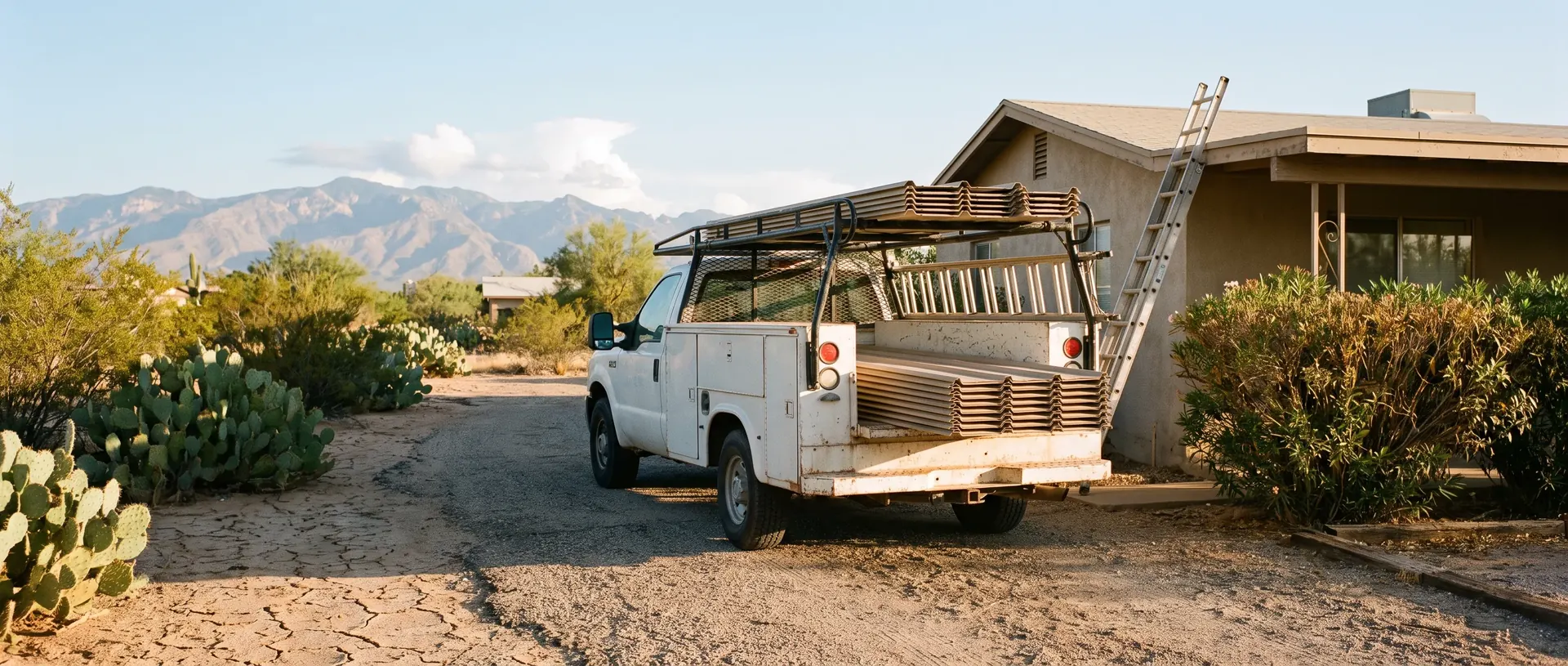 A work truck and metal roofing panels staged in a gravel driveway beside a desert home