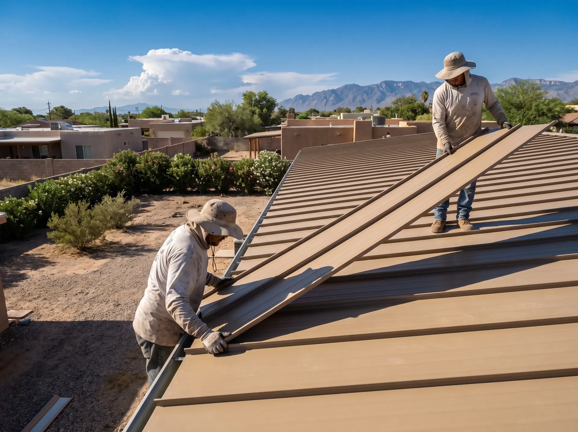 Two roofers setting a standing seam metal panel on a Tucson home in early morning light