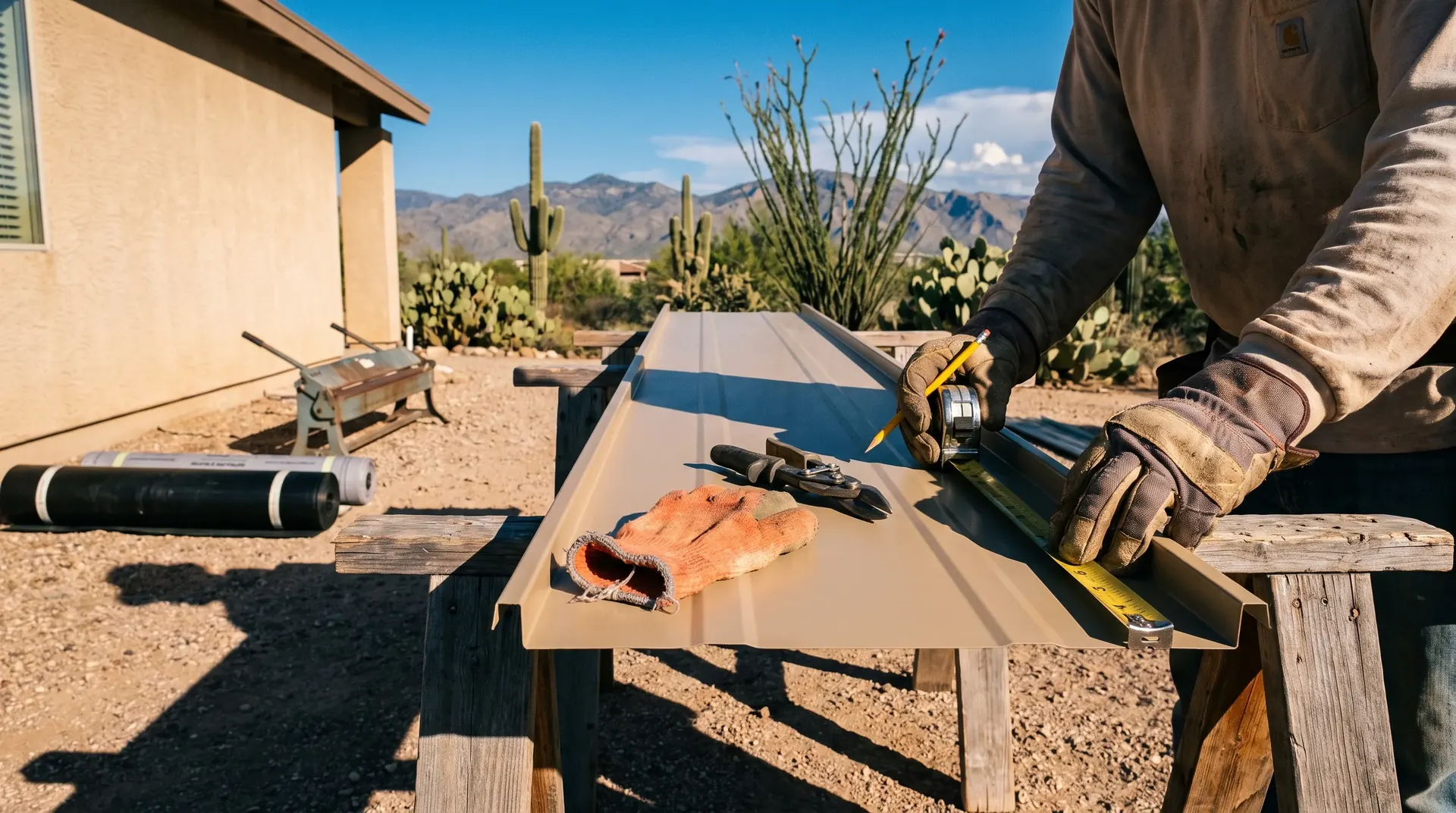 Gloved hands marking a metal roofing panel on sawhorses in a gravel driveway staging area