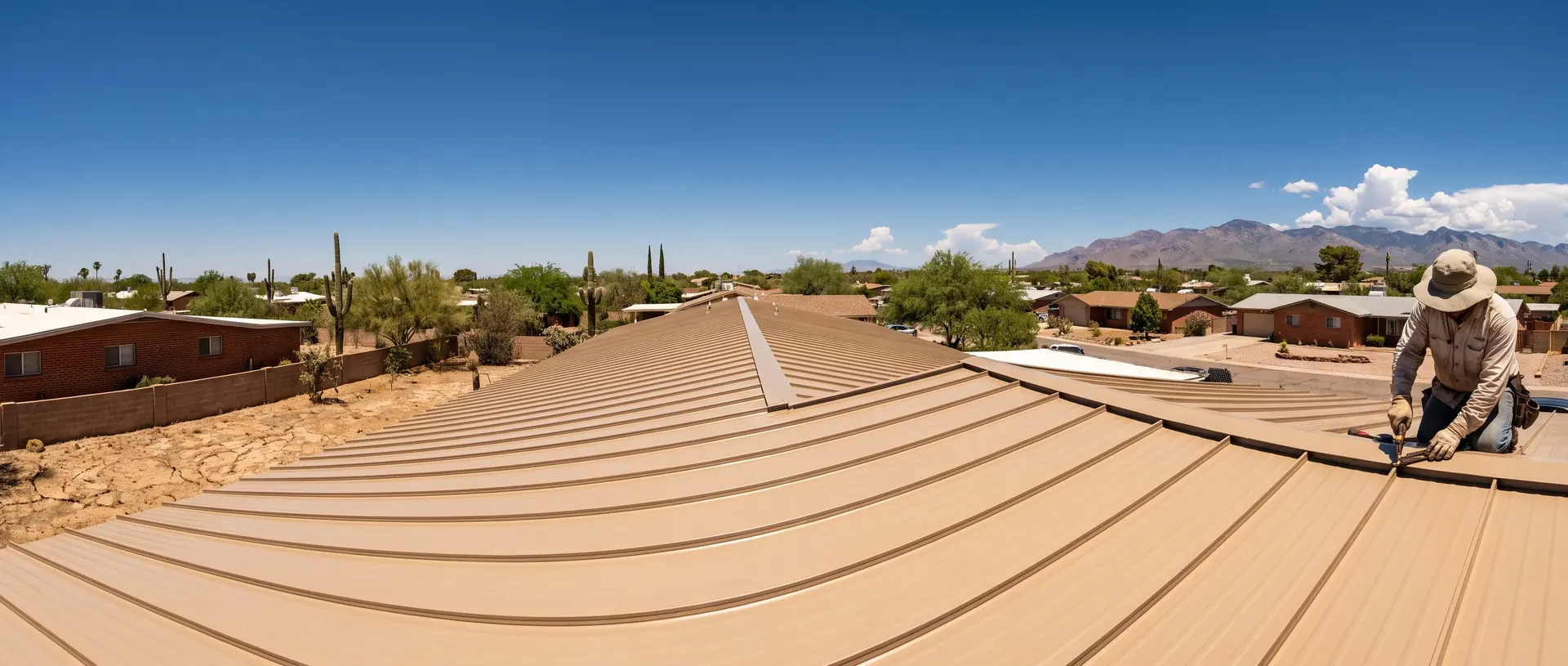 Runs of standing seam metal roofing across a Tucson rooftop under a bright desert sky