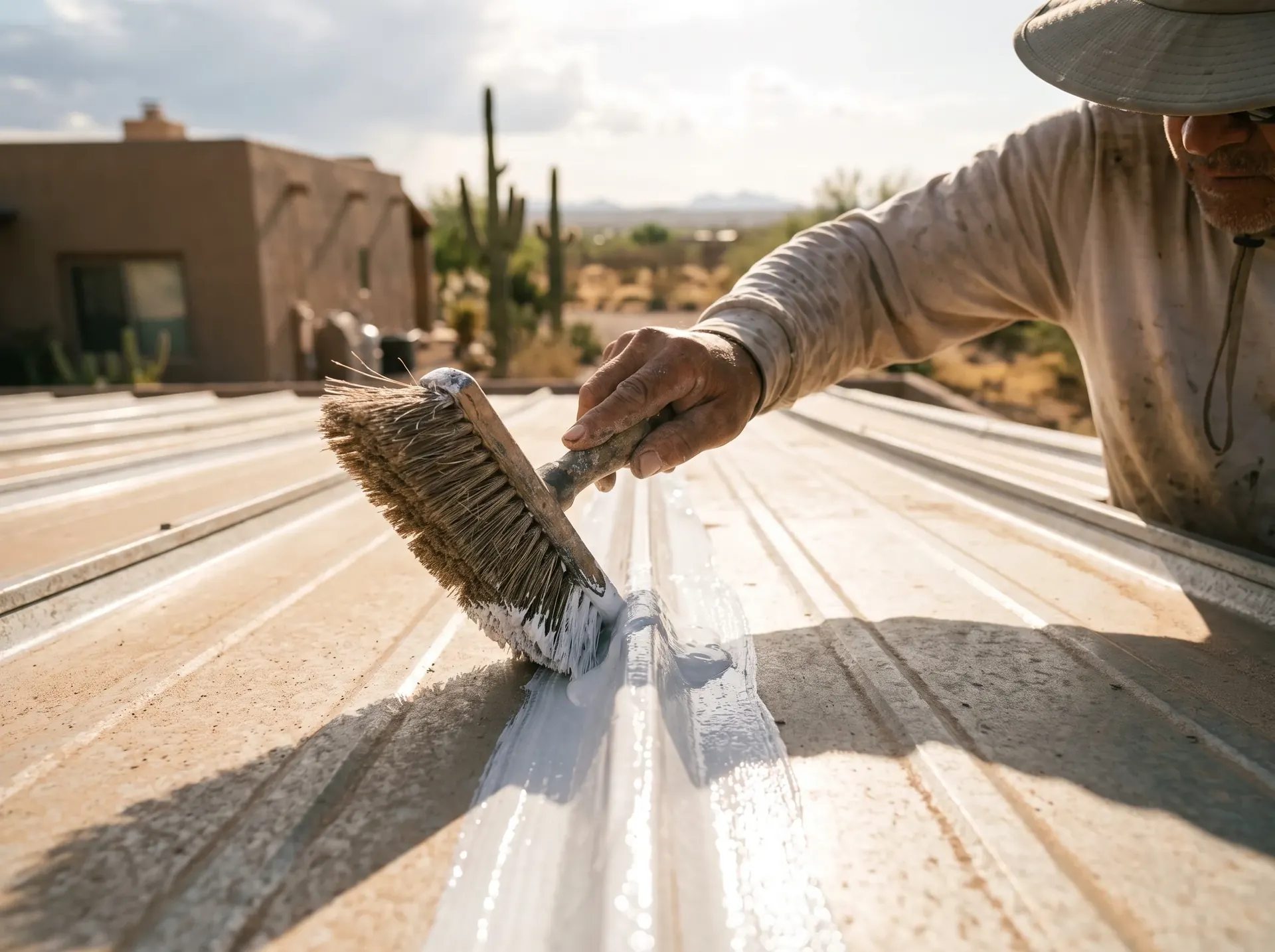 Reflective roof coating being worked into a seam with a brush during restoration