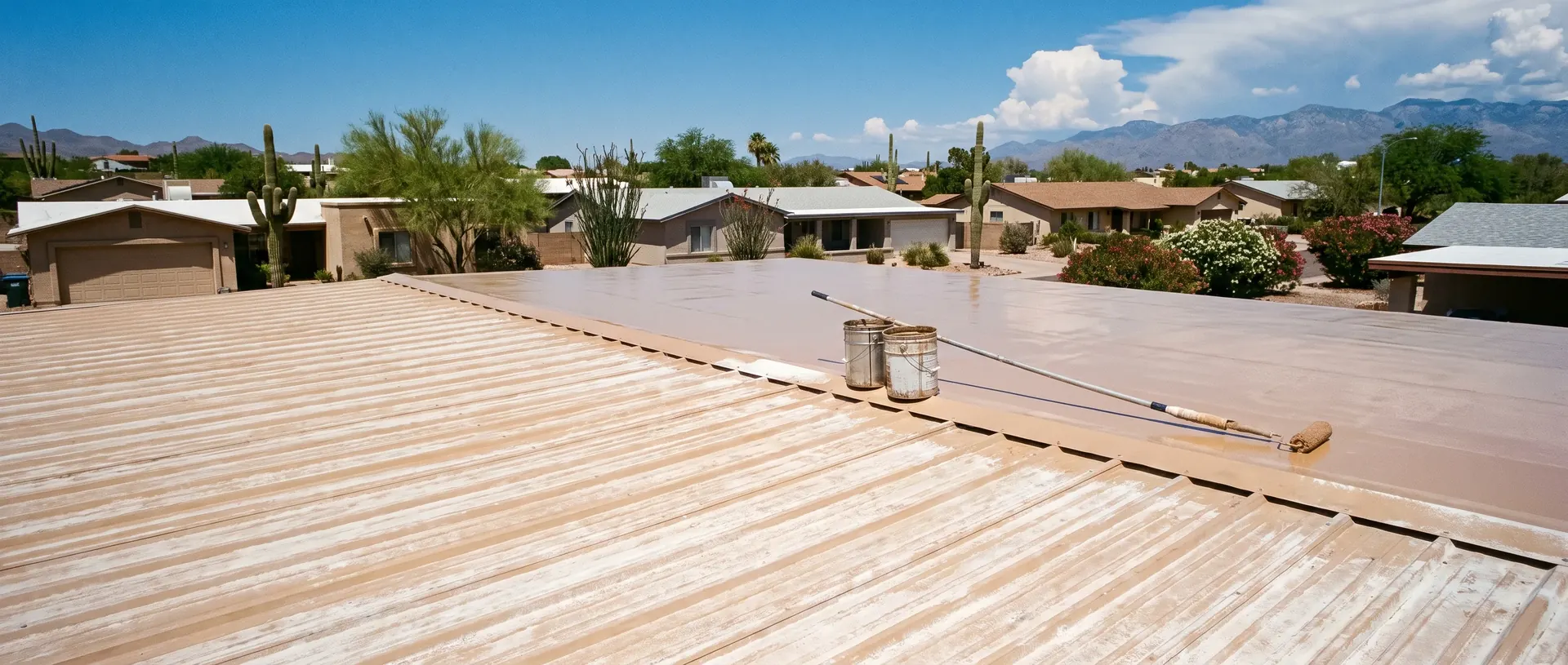 A chalked and faded metal roof half cleaned and half freshly coated