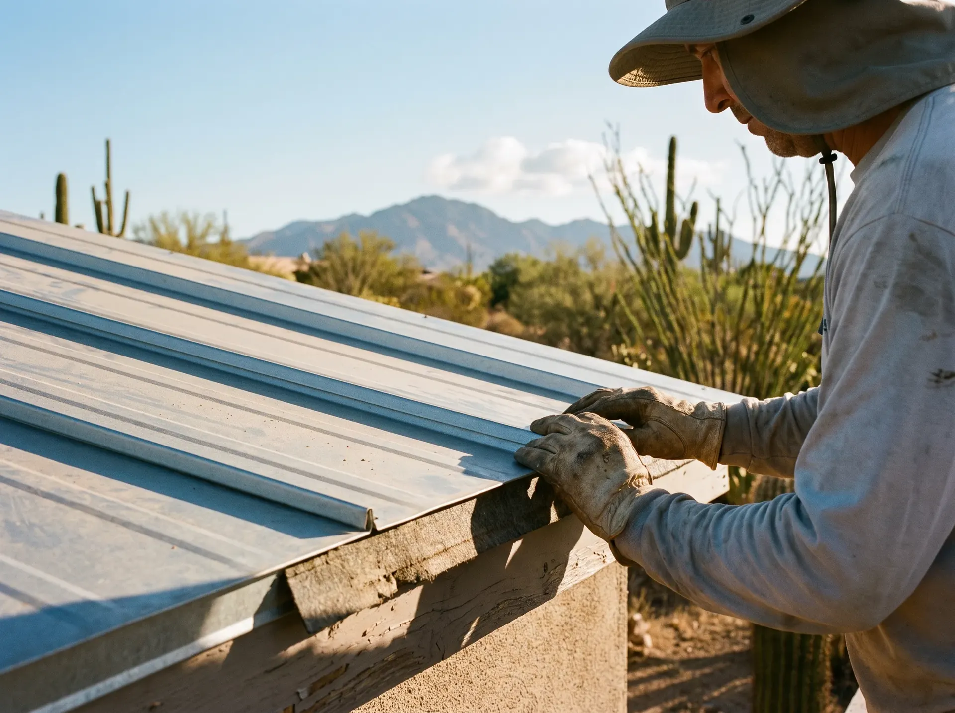 Roofer seating a standing seam panel and engaging the concealed clip at the eave