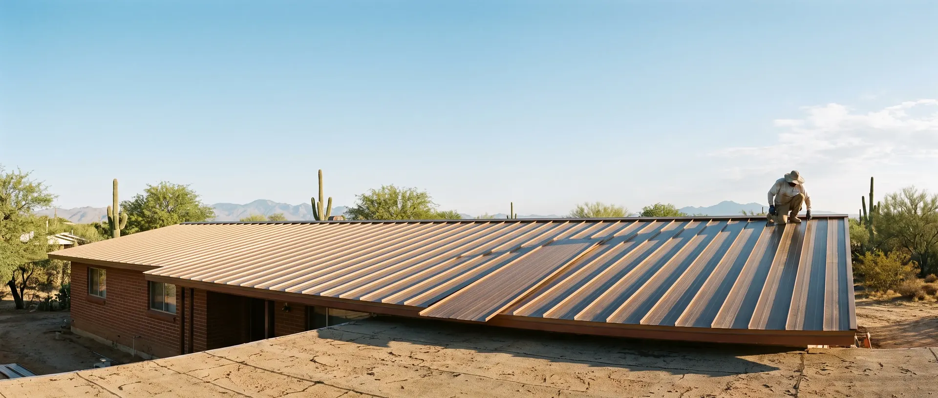 New standing seam metal roof being installed on a Tucson home in early morning light