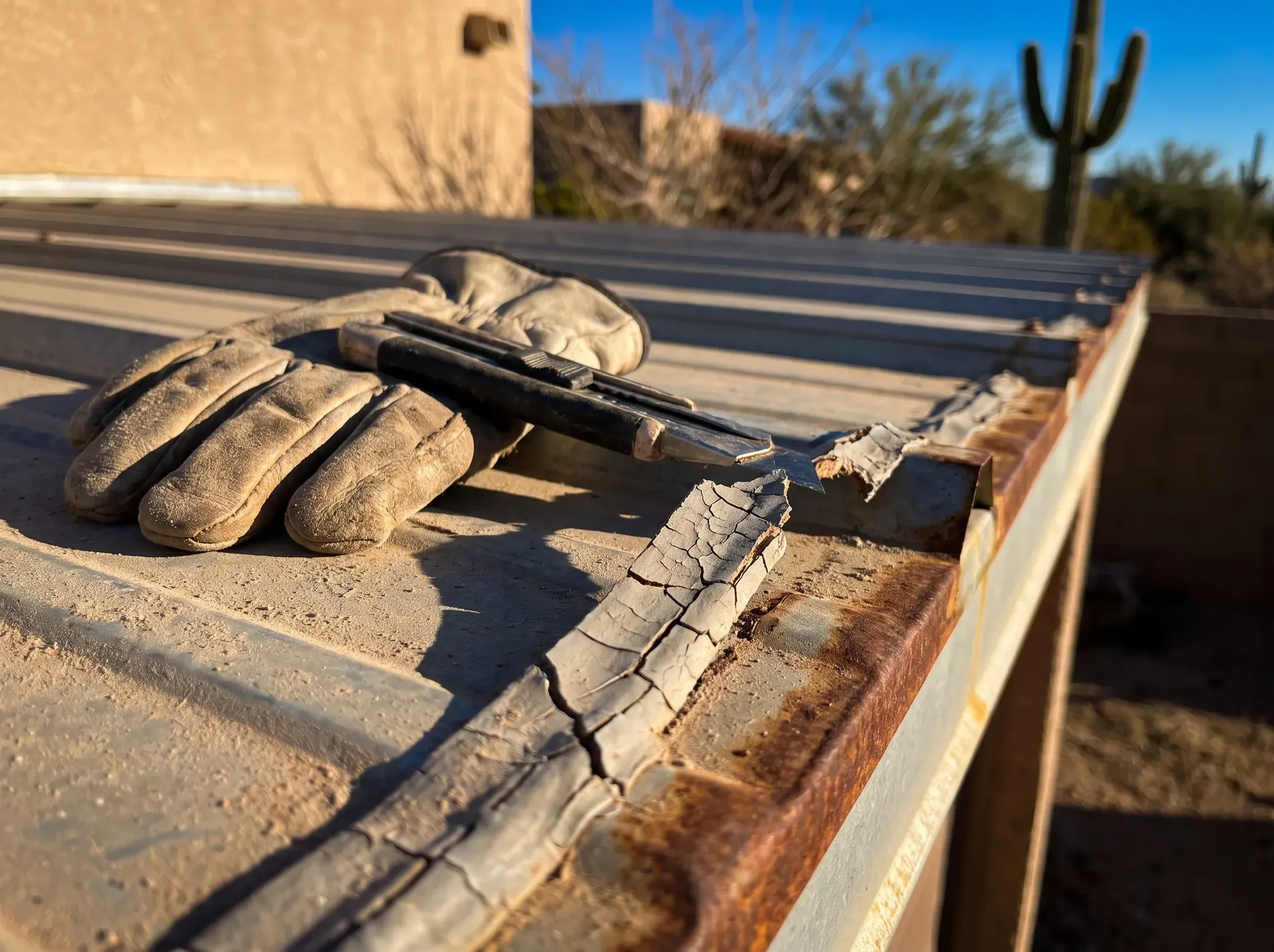Cracked and sun degraded sealant being cut out of a metal roof seam before repair