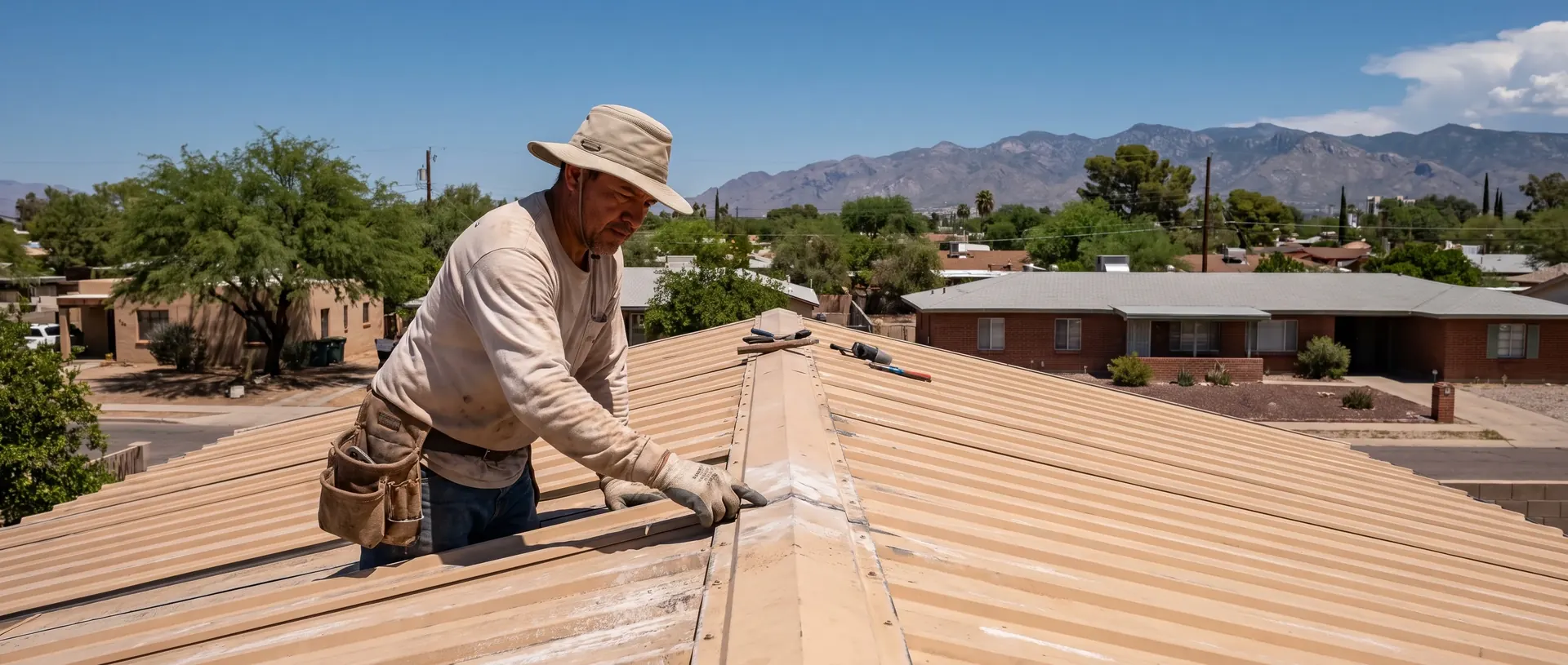 Roofer tracing a leak along a seam on an older metal roof above a Tucson neighbourhood