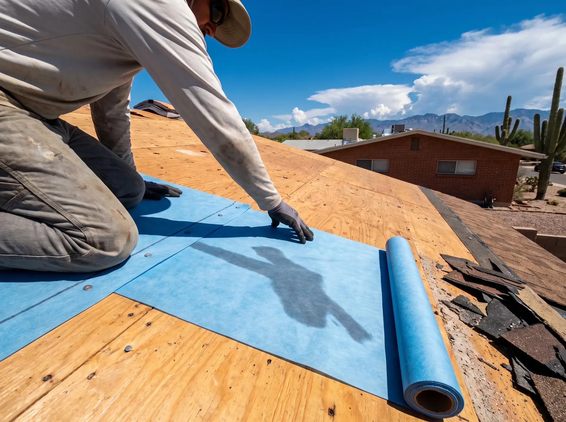 Underlayment being rolled over exposed decking during a metal roof replacement