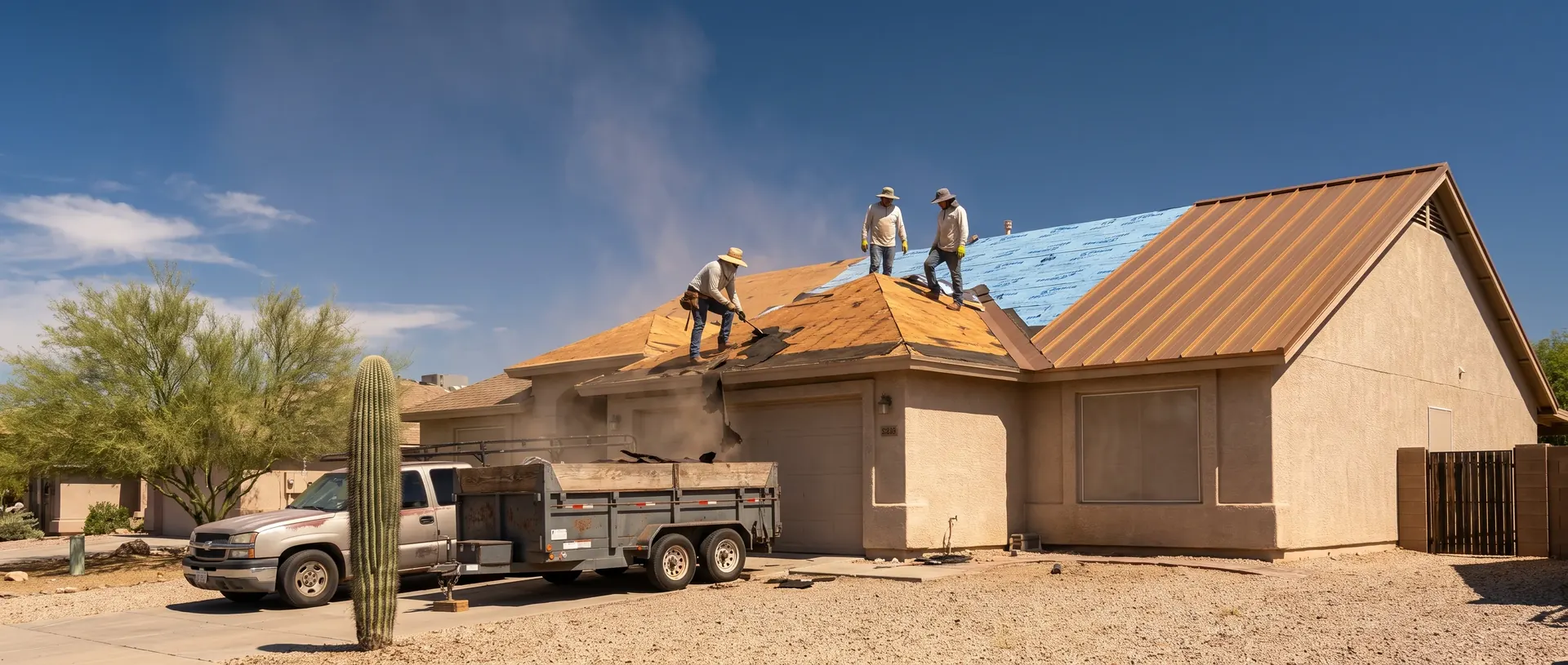 A Tucson roof mid replacement with old shingles torn off on one side and new metal panels on the other