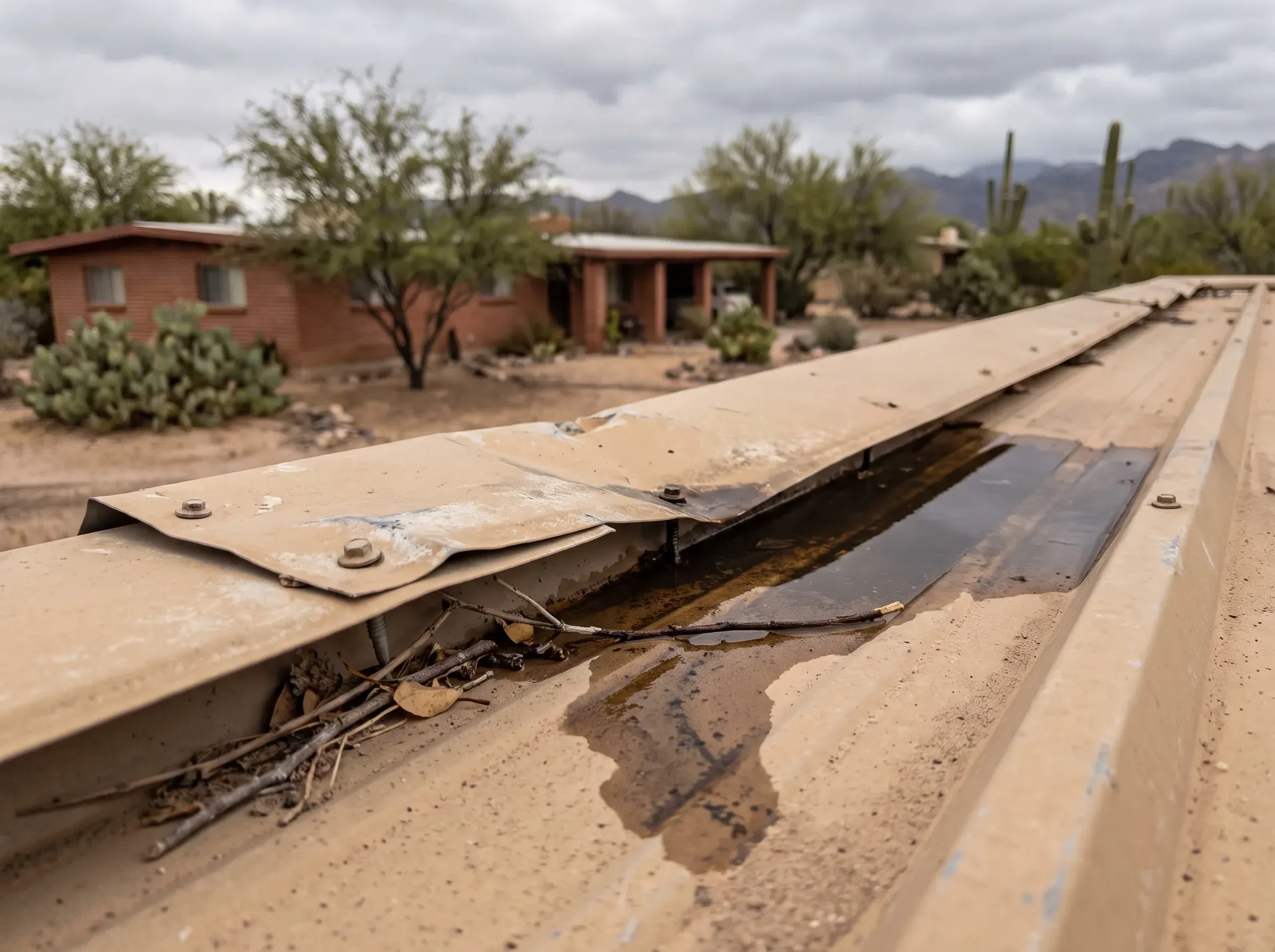 Water staining and a lifted panel edge left behind by monsoon driven rain