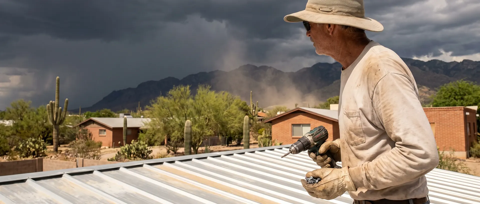 Roofer working on a metal roof as monsoon thunderheads build over the mountains behind