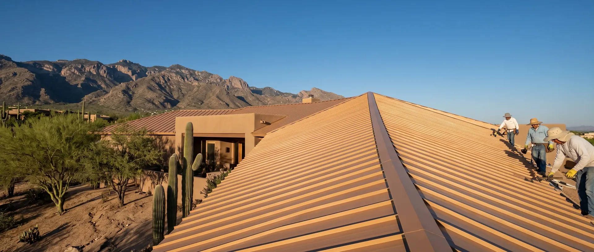 Long unbroken standing seam panel runs on a desert home with the Catalinas in the distance