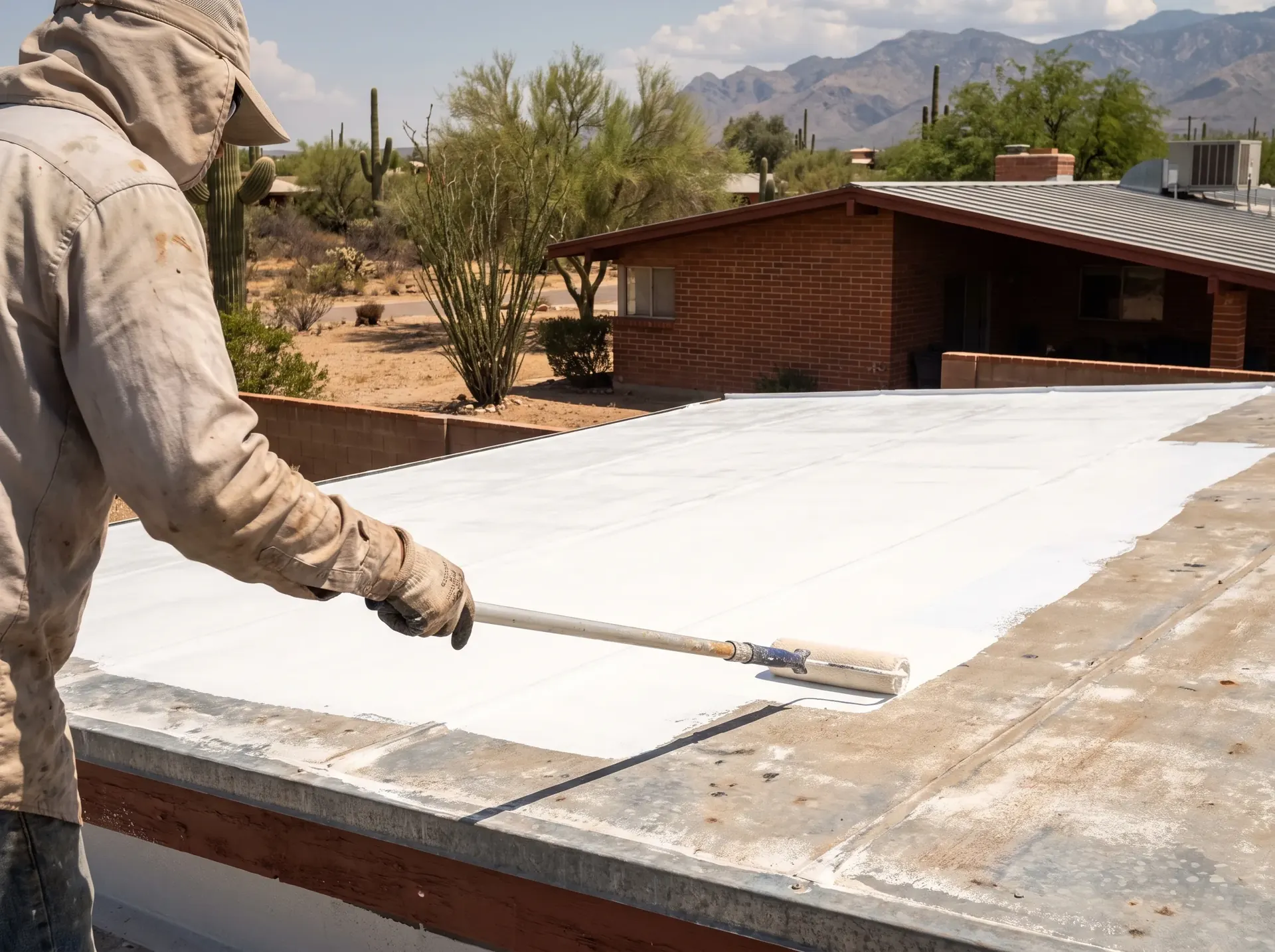 Reflective coating being rolled onto a cleaned and prepared metal roof surface