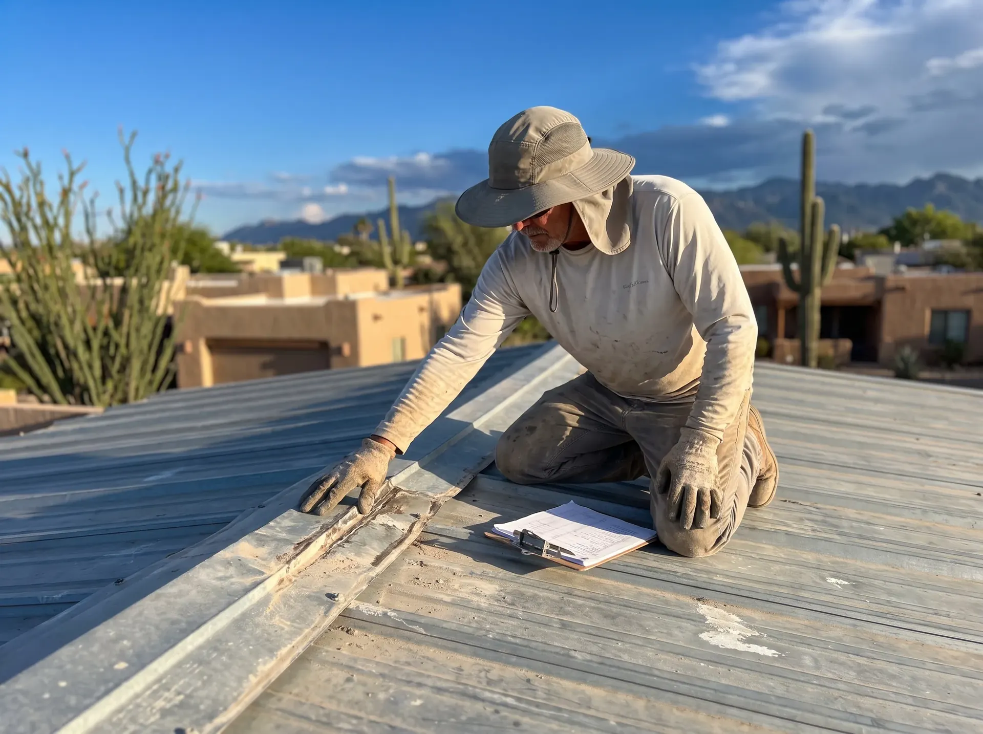 Roofer kneeling to inspect flashing and seams on an older metal roof