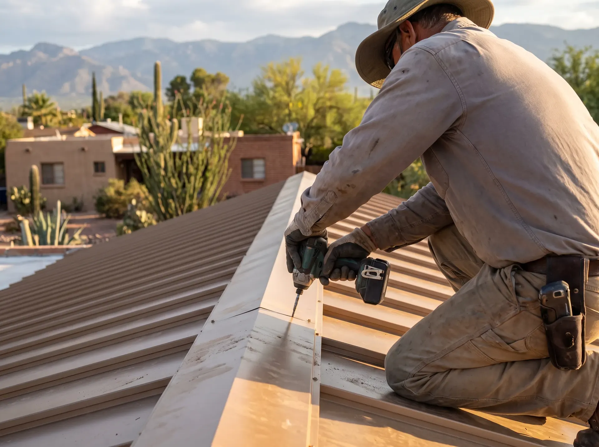 Roofer fastening a new metal roof panel along a clean ridge line