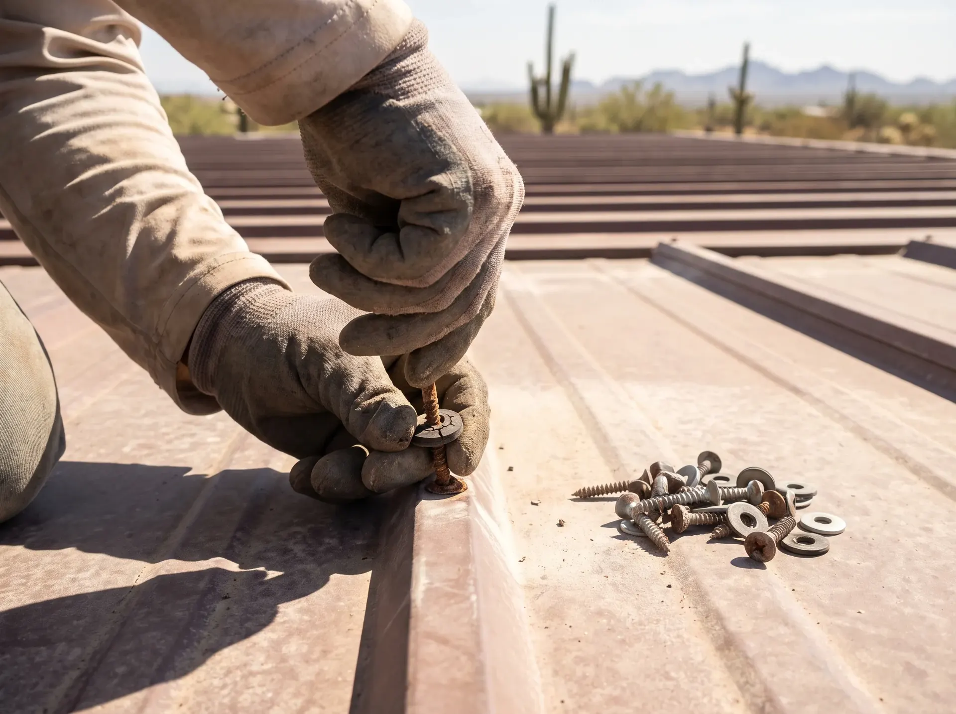 Hands replacing a failed fastener and washer on an exposed fastener metal roof