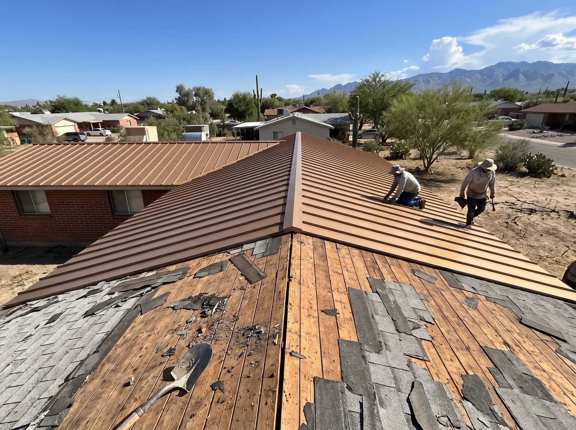 Old sun worn shingles stripped back beside newly installed metal panels on the same roof