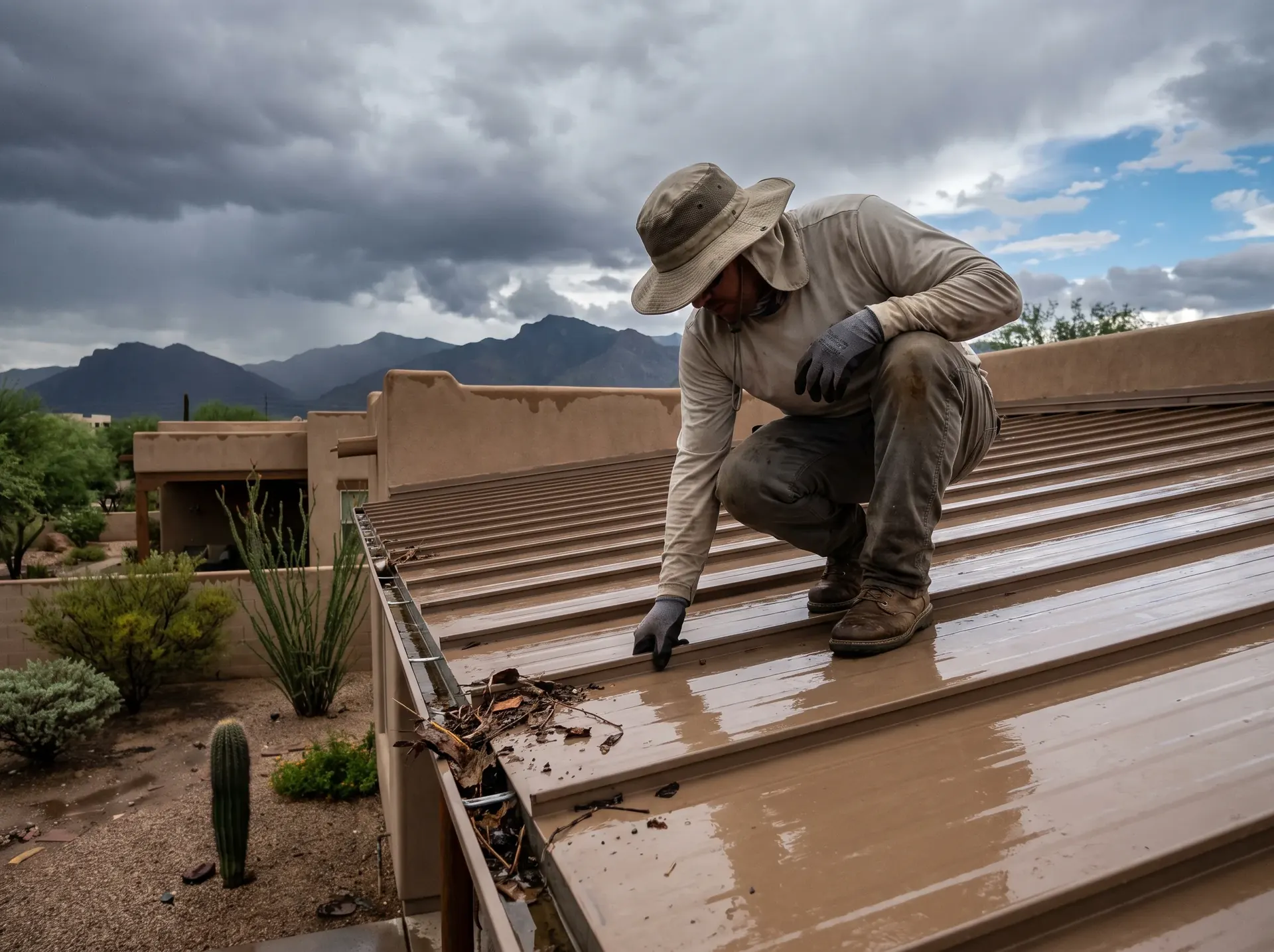 Roofer inspecting a lifted metal panel edge after a monsoon storm