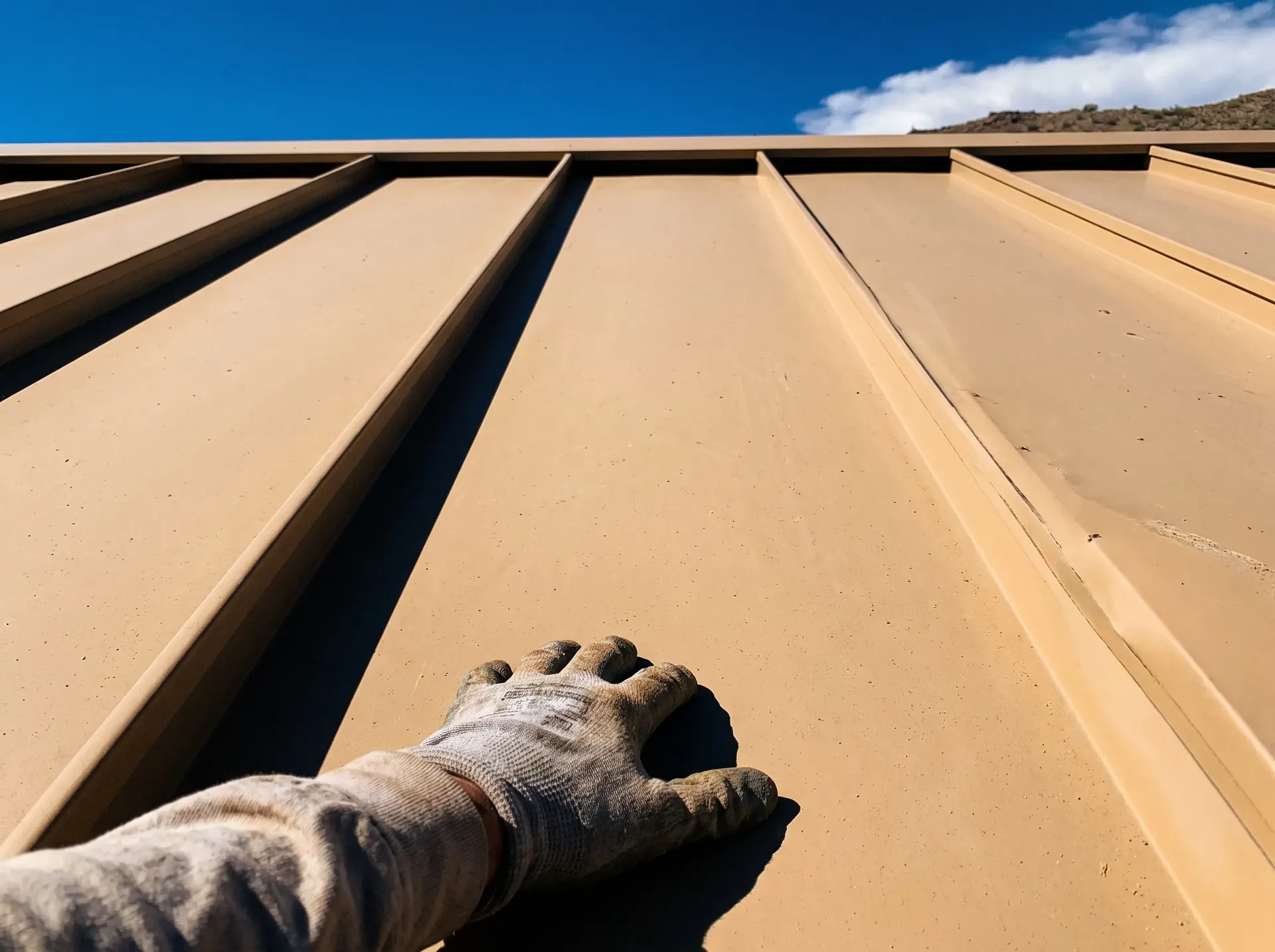 Close view of concealed fastener standing seam panel ribs running to the ridge